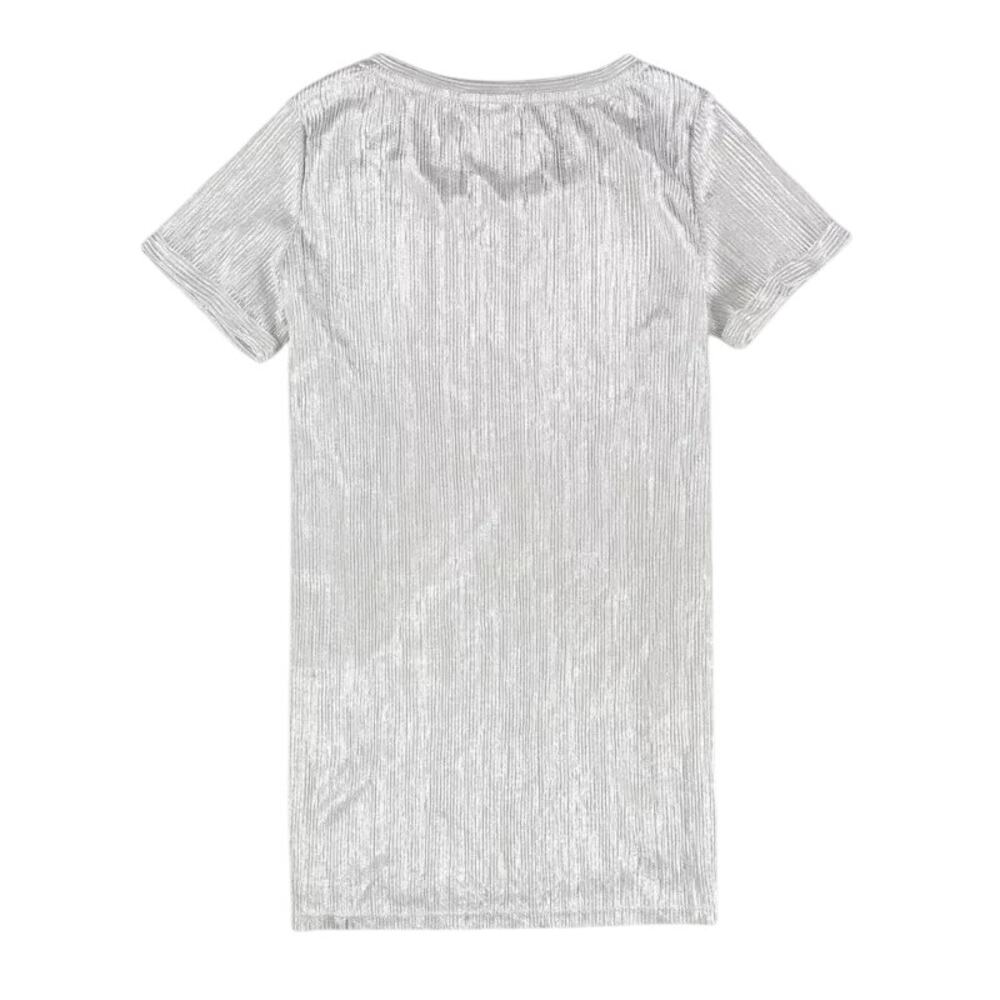 Bar III Silver Metallic Plissé Ribbed Scoop Neck Short Sleeve Top Y2K Glam M